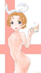 Rule 34 | 1girl, ass, braid, cowboy shot, cup, flat chest, girls und panzer, hairband, highres, holding, holding cup, nipples, nude, open mouth, orange hair, orange pekoe (girls und panzer), short hair, solo, tarou.new, tea, teacup