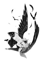Rule 34 | 2boys, absurdres, aoyagi touya, bell-bottoms, bird, bird wings, closed mouth, coat, dress shoes, falling, fedora, full body, greyscale, hands on another&#039;s face, hat, highres, jacket, long sleeves, male focus, monochrome, multicolored hair, multiple boys, np8 8, open mouth, pants, pocket, project sekai, shared wings, shinonome akito, shirt, shoes, smile, split-color hair, wings, yaoi