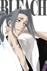 1boy absurdres black_eyes bleach bleach:_sennen_kessen-hen closed_mouth commentary copyright_name english_commentary forehead freckles frown grey_hair hand_on_own_neck hand_up haori highres japanese_clothes kubo_tite_(style) long_hair looking_to_the_side male_focus official_style parted_bangs pedrozox2093 ponytail shijima_chigiri simple_background solo split_mouth taichou_haori upper_body upturned_eyes white_background