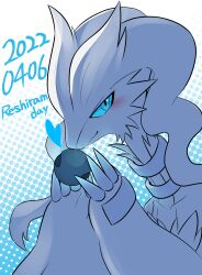 Rule 34 | absurdres, animal focus, blue background, blue eyes, blue sclera, blush, character name, claws, colored sclera, creatures (company), dated, dragon, elaphe guttata6, english text, game freak, gen 5 pokemon, highres, holding, legendary pokemon, long hair, looking at viewer, nintendo, no humans, pokemon, pokemon (creature), reshiram, solo, two-tone background, upper body, white background, white fur, white hair