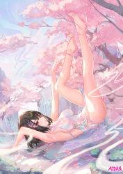 Rule 34 | 1girl, arm up, armpits, atdan, bare arms, bare legs, bare shoulders, barefoot, black hair, breasts, cherry blossoms, dress, feet, hair ornament, highres, large breasts, legs up, looking at viewer, lying, no panties, on back, original, outdoors, parted lips, pelvic curtain, petals, pink theme, red eyes, short hair, sleeveless, sleeveless dress, solo, thighs, tree, water, white dress