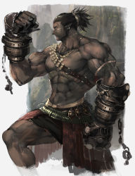 Rule 34 | 1boy, abs, armband, armor, bara, belt, biceps, black hair, chain, chest belt, dark-skinned male, dark skin, ear piercing, earrings, explosive, fighting stance, gauntlets, gloves, grenade, jewelry, large pectorals, long hair, looking to the side, male focus, manly, mature male, mechanical arms, muscular, muscular male, navel, necklace, nikism, nipples, original, pectorals, piercing, pointy ears, scar, scar on face, skirt, solo, spiked hair, thick arms, thick thighs, thighs, topless male, veins, veiny arms