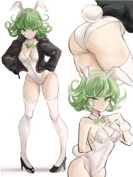 Rule 34 | 1girl, animal ears, ass, black footwear, black jacket, breasts, covered navel, detached collar, fake animal ears, female focus, full body, green eyes, green hair, groin, hands on own hips, high heels, highleg, highleg leotard, highres, jacket, leotard, looking at viewer, matching hair/eyes, medium hair, multiple views, one-punch man, playboy bunny, rabbit ears, rabbit tail, rakeemspoon, shoes, small breasts, standing, tail, tatsumaki, thighhighs, white leotard, white thighhighs