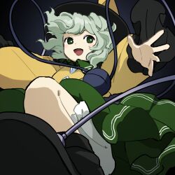 Rule 34 | 1girl, black footwear, black hat, bloomers, buttons, commentary request, diamond button, flat chest, frilled sleeves, frills, green eyes, green hair, green skirt, hat, kaigen 1025, komeiji koishi, long sleeves, medium hair, open mouth, outstretched arms, shirt, skirt, smile, solo, spread arms, teeth, third eye, touhou, underwear, upper teeth only, white bloomers, yellow shirt