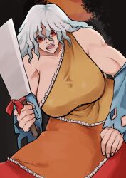 1girl absurdres bow breasts cleaver detached_sleeves dobonge dress highres holding_cleaver huge_breasts long_hair muscular muscular_female orange_dress red_eyes sakata_nemuno sharp_teeth single-shoulder_dress solo teeth touhou white_hair