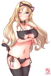Rule 34 | 1girl, alternate costume, animal ears, artist logo, bell, black bra, black panties, black thighhighs, blonde hair, blue eyes, bra, breasts, cat cutout, cat ear panties, cat ears, cat lingerie, cat tail, choker, cleavage, cleavage cutout, clothing cutout, collarbone, dated, hair between eyes, highres, jingle bell, kanon (kurogane knights), kantai collection, large breasts, long hair, looking at viewer, md5 mismatch, meme attire, neck bell, nelson (kancolle), one eye closed, panties, side-tie panties, signature, simple background, smile, solo, stomach, tail, thighhighs, underwear, underwear only, white background