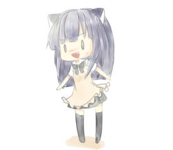 Rule 34 | 0 0, 1girl, :d, animal ears, apron, black eyes, black thighhighs, bow, bowtie, cat ears, chibi, dress shirt, fang, long hair, no shoes, nobuyuki (mikitantan), open mouth, outstretched arms, purple hair, shadow, shirt, short sleeves, simple background, skirt, smile, solo, standing, thighhighs, waitress, white background, working!!, yamada aoi, zettai ryouiki