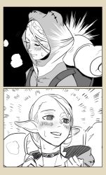 Rule 34 | 1girl, 2koma, animal costume, backpack, bag, before and after, blush, choker, close-up, comic, commentary, dungeon meshi, elf, closed eyes, frog costume, greyscale, hood, hood down, hood up, looking away, marcille donato, monochrome, multiple views, parted lips, pointy ears, smile, sweatdrop, tatara (bmsketch)