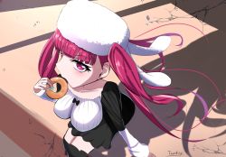 Rule 34 | 1girl, arm support, artist request, bleach, blush, breasts, dokugamine riruka, dress, eating, food, hat, highres, large breasts, long hair, looking at viewer, pink eyes, pink hair, simple background, sitting, tsundere, twintails, upper body