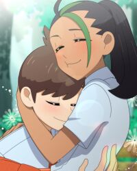 Rule 34 | 1boy, 1girl, absurdres, ahoge, arms around neck, black hair, blush, brown hair, carrying, carrying person, cheek squash, closed eyes, closed mouth, couple, creatures (company), dark-skinned female, dark skin, day, eyelashes, florian (pokemon), flower, forest, game freak, green hair, hand on back, happy, highres, holding another&#039;s head, hug, lens flare, long hair, multicolored hair, nature, nemona (pokemon), nintendo, outdoors, pok3d, pokemon, pokemon sv, ponytail, school uniform, shirt, short hair, short sleeves, smile, sparkling eyes, sunlight, uniform, water, waterfall