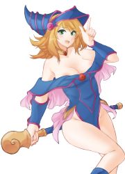 Rule 34 | 1girl, areola slip, bare shoulders, blonde hair, blush, bracer, breasts, choker, cleavage, collarbone, dark magician girl, green eyes, hat, highres, looking at viewer, medium breasts, medium hair, open mouth, side slit, simple background, smile, solo, staff, teeth, tongue, tridis, tridisart, upper teeth only, white background, wizard hat, yu-gi-oh!