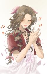 Rule 34 | 1girl, absurdres, aerith gainsborough, blush, braid, braided ponytail, choker, cropped jacket, dress, final fantasy, final fantasy vii, final fantasy vii rebirth, final fantasy vii remake, flower choker, gloxuba, green eyes, hair ribbon, highres, jacket, light smile, looking at viewer, one eye closed, own hands together, parted bangs, parted lips, pink dress, pink ribbon, red jacket, ribbon, short sleeves, sidelocks, single braid, solo, upper body, wavy hair, white background