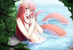 Rule 34 | 10s, 1girl, bad id, bad pixiv id, bathing, blush, breasts, convenient censoring, day, fang, hair ornament, hairclip, highres, lamia, lindaroze, long hair, miia (monster musume), monster girl, monster musume no iru nichijou, navel, nude, nudist, outdoors, own hands together, parted lips, partially submerged, pointy ears, red hair, scales, slit pupils, smile, snake tail, solo, tail, unmoving pattern, water, yellow eyes, zenra