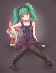 Rule 34 | 10s, 1girl, biburi (precure), black hairband, black pantyhose, character doll, chocokin, closed mouth, dress, earrings, frilled dress, frilled hairband, frills, full body, green hair, grey background, hairband, highres, jewelry, kirakira precure a la mode, kirarin (precure), looking at viewer, pantyhose, precure, purple dress, short hair, signature, simple background, sitting, smile, solo, stuffed toy, twintails, yellow eyes