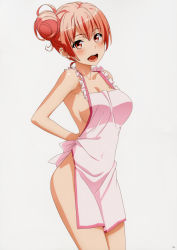 Rule 34 | 1girl, :d, absurdres, apron, bare arms, breasts, cleavage, collarbone, covered navel, cowboy shot, feet out of frame, frilled apron, frills, hair bun, highres, large breasts, looking at viewer, naked apron, official art, open mouth, orange hair, pink apron, red eyes, scan, short hair, sideboob, simple background, single hair bun, smile, solo, standing, tanaka yuuichi, teeth, topless, upper teeth only, white background, yahari ore no seishun lovecome wa machigatteiru., yuigahama yui