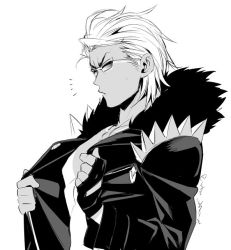 Rule 34 | 1boy, biker clothes, fate/grand order, fate (series), fingerless gloves, gloves, greyscale, jacket, leather, leather jacket, male focus, monochrome, sakata kintoki (fate), sakata kintoki (rider) (fate), shiromako, solo, sunglasses, tan, tanline, upper body