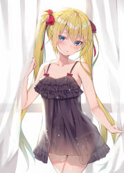 Rule 34 | 1girl, alexmaster, bare arms, bare shoulders, black dress, blonde hair, blue eyes, bow, collarbone, commentary request, cowboy shot, curtains, dress, frilled dress, frills, hair between eyes, hair bow, highres, holding, long hair, looking at viewer, original, parted lips, red bow, see-through, sidelocks, sleeveless, sleeveless dress, solo, spaghetti strap, twintails, very long hair