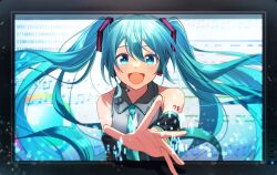 Rule 34 | 1girl, :d, absurdres, aqua eyes, aqua hair, aqua necktie, bare shoulders, binary, black sleeves, collared shirt, commentary request, detached sleeves, eighth note, floating hair, grey shirt, hair between eyes, hatsune miku, headset, highres, long hair, looking at viewer, mikawa ayumu, monitor, musical note, necktie, open mouth, outstretched arm, outstretched hand, quarter note, reaching, reaching towards viewer, shirt, sleeveless, sleeveless shirt, smile, solo, staff (music), straight-on, through medium, through screen, twintails, upper body, very long hair, vocaloid