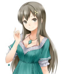 Rule 34 | 1girl, atelier (series), atelier totori, breasts, brown eyes, brown hair, cecilia helmold, cleavage, female focus, hair ornament, hairclip, highres, jewelry, long hair, nagian, necklace, pinky out, smile, solo