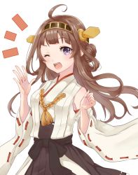 Rule 34 | 10s, 1girl, ahoge, artist name, black skirt, brown hair, detached sleeves, double bun, hairband, headgear, japanese clothes, kantai collection, kongou (kancolle), long hair, nontraditional miko, nuno (pppompon), one eye closed, open mouth, purple eyes, ribbon-trimmed sleeves, ribbon trim, simple background, skirt, smile, solo, teeth, white background, wide sleeves