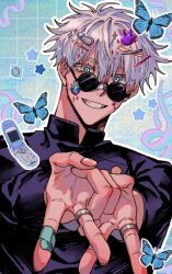 Rule 34 | 1boy, animal, bandaid, bandaid on face, bandaid on hand, bandaid on nose, black jacket, blue background, blue eyes, bug, butterfly, cellphone, flip phone, gojou satoru, grid background, grin, hair ornament, hairclip, hands up, insect, jacket, jewelry, ju angbal love, jujutsu kaisen, jujutsu tech uniform, looking at viewer, male focus, open mouth, phone, ring, round eyewear, school uniform, short hair, smile, solo, sticker on face, sunglasses, teeth, upper body, white hair