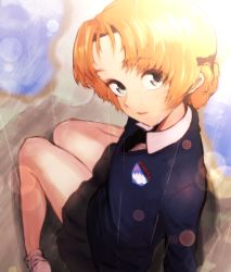 Rule 34 | 10s, 1girl, alternate legwear, black bow, black necktie, blue eyes, blue skirt, blue sweater, blurry, blurry background, bow, braid, commentary, depth of field, dress shirt, emblem, from above, from behind, girls und panzer, hair bow, highres, lens flare, long sleeves, looking at viewer, looking back, miniskirt, mityubi, necktie, orange pekoe (girls und panzer), parted lips, pleated skirt, rain, school uniform, shirt, short hair, sitting, skirt, socks, solo, st. gloriana&#039;s (emblem), st. gloriana&#039;s school uniform, sweater, twin braids, v-neck, wariza, white shirt