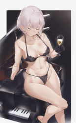 Rule 34 | 1girl, alcohol, arm support, bare shoulders, black bra, black gloves, black panties, blush, bra, breasts, cleavage, closed eyes, closed mouth, collarbone, cup, drinking glass, earrings, gloves, gridman universe, groin, halterneck, high heels, highres, instrument, jewelry, lingerie, medium breasts, mixed-language commentary, mujina, navel, panties, parfaitlate, piano, silver hair, sitting, smile, solo, ssss.dynazenon, stomach, string panties, thighs, underwear, underwear only, wine glass