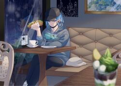 Rule 34 | 1boy, alternate costume, black hat, black pants, blue eyes, blue hair, blurry, blurry foreground, chair, closed mouth, commentary request, creatures (company), cup, food, food on face, game freak, gen 4 pokemon, grey hoodie, grusha (pokemon), hand up, hat, highres, holding, hood, hood down, hoodie, indoors, male focus, mocacoffee 1001, nintendo, pants, plate, pokemon, pokemon sv, rotom, rotom phone, saucer, shoes, signature, sneakers, solo, table, tassel, white footwear