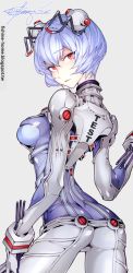 Rule 34 | 10s, 1girl, 2016, adapted costume, arched back, artist name, ass, ayanami rei, back, blue bodysuit, blue hair, bodysuit, breasts, butt crack, closed mouth, clothes writing, cowboy shot, eyebrows, fishine, gloves, grey background, hair ornament, headgear, interface headset, looking at viewer, looking back, neon genesis evangelion, pilot suit, plugsuit, red eyes, short hair, signature, simple background, solo, strap gap, test plugsuit, watermark, web address, wrist cuffs