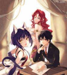 Rule 34 | 1boy, 2girls, :3, :d, ahoge, amulet, animal ears, armlet, bare shoulders, black hair, black jacket, black pants, bob cut, breasts, cat ears, cat girl, cat tail, closed mouth, collared shirt, dorei career planner na seikou dekiru shokugyou, dress shirt, fang, feathers, formal, green eyes, hair between eyes, head rest, indoors, jacket, jewelry, kuroemon, lamia, long hair, long sleeves, looking at viewer, medium breasts, monster girl, multiple girls, neck ring, necklace, necktie, official art, open mouth, pants, paper, pendant, purple hair, red eyes, red hair, red necktie, ring, ring necklace, rope, scales, shirt, short hair, sitting, sleeveless, smile, standing, suit, table, tail, tent, tie clip, wavy hair, white shirt, wooden table, yellow eyes