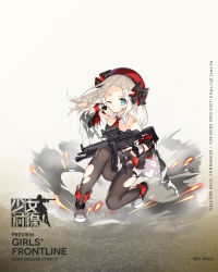 Rule 34 | 1girl, ankle boots, beret, black gloves, black pantyhose, blonde hair, blue eyes, blush, boots, braid, character name, cloak, closed mouth, collared dress, dress, explosion, expressionless, fingerless gloves, floating hair, full body, girls&#039; frontline, gloves, gun, h&amp;k mp5, hat, heckler &amp; koch, highres, holding, holding gun, holding weapon, holster, logo, long hair, looking at viewer, mod3 (girls&#039; frontline), mp5 (girls&#039; frontline), mp5 (mod3) (girls&#039; frontline), necktie, off shoulder, official art, on one knee, one eye closed, outstretched arm, pantyhose, ribbon, saru, serious, sidelocks, sleeveless, sleeveless dress, solo, submachine gun, thigh holster, thigh strap, torn clothes, trigger discipline, weapon, white hair, wind, wiping face