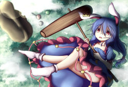Rule 34 | 1girl, above clouds, animal ears, blue dress, blue hair, blurry, bobby socks, cloud, collarbone, colored eyelashes, dango, depth of field, dior-zi, dress, earclip, flat cap, flying, food, forest, frilled skirt, frills, hat, highres, kine, lens flare, long hair, looking to the side, low-tied long hair, mallet, nature, no shoes, open mouth, puffy short sleeves, puffy sleeves, rabbit ears, red eyes, seiran (touhou), short sleeves, skirt, socks, solo, tearing up, touhou, wagashi