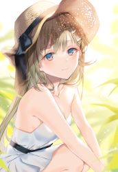 Rule 34 | 1girl, backlighting, bare arms, bare shoulders, black bow, blue eyes, blush, bow, breasts, brown hair, brown hat, cleavage, closed mouth, commentary request, dress, feet out of frame, hair ornament, hairclip, hanabusa lisa, hat, hat bow, highres, long hair, looking at viewer, lupinus virtual games, medium breasts, myusha, pleated dress, signature, smile, solo, squatting, strapless, strapless dress, very long hair, virtual youtuber, vspo!, white dress