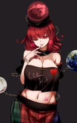 Rule 34 | 1girl, bare shoulders, breasts, chain, check commentary, choker, cleavage, clothes writing, commentary request, cowboy shot, crop top, crop top overhang, earth (ornament), finger to mouth, gold chain, heart, hecatia lapislazuli, highres, large breasts, looking at viewer, midriff, moon (ornament), multicolored clothes, multicolored skirt, navel, one-hour drawing challenge, one eye closed, pointy ears, raptor7, red eyes, red hair, shirt, simple background, skirt, smile, solo, tattoo, tongue, tongue out, touhou