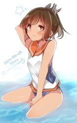 Rule 34 | 10s, 1girl, 2014, arm up, between thighs, blush, brown eyes, brown hair, dated, hair ornament, i-401 (kancolle), kantai collection, looking at viewer, partially submerged, personification, sailor collar, school swimsuit, short hair, short ponytail, signature, sitting, smile, solo, star (symbol), swimsuit, swimsuit under clothes, takeshima eku, tan