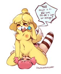 Rule 34 | 2girls, absurdres, animal crossing, animal ears, blonde hair, blush, breasts, brown eyes, cellphone, closed eyes, cunnilingus, dildo, dog ears, dog tail, eyebrows, furry, girl on top, highres, interspecies, isabelle (animal crossing), medium breasts, motion lines, multiple girls, navel, nintendo, nipples, nude, one eye closed, open mouth, oral, phone, pubic hair, pussy, rainbowsprinklesart, sex, sex toy, speech bubble, striped legwear, tail, tail wagging, tongue, tongue out, topknot, twintails, uncensored, villager (animal crossing), yuri