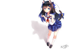 Rule 34 | 1girl, :o, absurdres, allenes, animal ears, aqua eyes, arms up, artist name, bell, black footwear, black hair, blue bow, blue eyes, blue hair, blue skirt, bow, cat ears, cat tail, dated, fish, frilled skirt, frills, hair bow, hair ornament, hairclip, highres, kneehighs, loafers, long hair, looking at viewer, matching hair/eyes, multicolored hair, neckerchief, open mouth, original, parted lips, paw pose, pleated skirt, sailor collar, school uniform, serafuku, shadow, shirt, shoes, short sleeves, signature, simple background, skirt, socks, solo, standing, tail, tail bow, tail ornament, twintails, very long hair, white background, white shirt, white socks