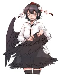 Rule 34 | :d, black hair, black necktie, black skirt, black socks, black wings, breasts, collared shirt, feathered wings, frilled skirt, frills, hat, highres, kneehighs, long sleeves, looking away, medium breasts, necktie, notebook, nyong nyong, open mouth, pom pom (clothes), red eyes, shameimaru aya, shirt, short hair, simple background, skirt, smile, socks, solo, thigh gap, tokin hat, touhou, white background, white shirt, wide hips, wings