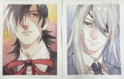 Rule 34 | 2boys, artist name, black hair, black jack (character), black jack (series), black necktie, blue background, blue eyes, border, closed mouth, collared shirt, commentary request, dated, eyepatch, grey hair, hair over one eye, highres, kin2401y, kiriko (black jack), light smile, long hair, long sideburns, male focus, multicolored hair, multiple boys, neck ribbon, necktie, painting (medium), parted lips, patchwork skin, portrait, red background, red eyes, red ribbon, ribbon, scar, scar on face, shirt, short hair, sideburns, sideways glance, simple background, split-color hair, traditional media, two-tone hair, watercolor (medium), white border, white hair, white shirt, yellow background