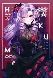 Rule 34 | 1girl, absurdres, black dress, black gloves, blush, closed mouth, dress, drill hair, elbow gloves, flower, gloves, hair ribbon, highres, hyakumantenbara salome, long hair, long sleeves, looking at viewer, nijisanji, own hands together, puffy short sleeves, puffy sleeves, purple eyes, purple hair, red background, red flower, ribbon, saine, scan, short sleeves, smile, solo, virtual youtuber