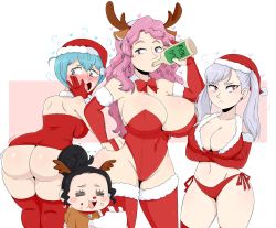 Rule 34 | 1girl, ass, black clover, blue eyes, blue hair, blush, breasts, charmy papittoson, christmas, cleavage, curvy, female focus, garter belt, grey (black clover), highres, huge ass, huge breasts, jinu, jinu (jinusenpai), large breasts, noelle silva, pink eyes, pink hair, purple eyes, shy, silver hair, thick thighs, thighhighs, thighs, twintails, vanessa enoteca, witch