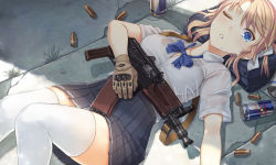 Rule 34 | 1girl, aks-74u, assault rifle, black skirt, blonde hair, blouse, blue bow, blue bowtie, blue eyes, bow, bowtie, bra visible through clothes, breasts, brown gloves, commentary request, gloves, gun, highres, itou (onsoku tassha), kalashnikov rifle, looking at viewer, lying, medium breasts, miniskirt, on back, on ground, one eye closed, original, pleated skirt, red bull, rifle, school uniform, shell casing, shirt, short sleeves, skirt, solo, thighhighs, weapon, white shirt, white thighhighs, wing collar
