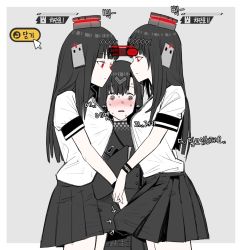 Rule 34 | 3girls, bad id, bad pixiv id, black dress, black hair, black skirt, blush, breasts, brown eyes, bulge, closed mouth, collared shirt, cowboy shot, cursor, dress, erection, erection under clothes, frown, futa with female, futanari, girl sandwich, girls&#039; frontline, grey background, hair ornament, hairband, headgear, highres, huqu, long hair, long sleeves, mercurows (girls&#039; frontline), multiple girls, nyto (girls&#039; frontline), open mouth, paradeus, penis, pleated skirt, red eyes, sandwiched, shirt, short sleeves, simple background, skirt, sleeves past fingers, sleeves past wrists, standing, translation request, white shirt