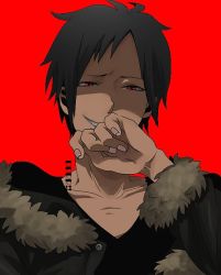 Rule 34 | 1boy, aira (radturee), bad id, black hair, collarbone, durarara!!, hand to own mouth, male focus, orihara izaya, red background, red eyes, short hair, simple background, smile, solo