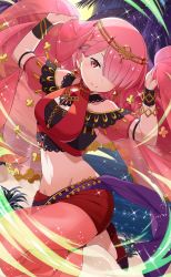 Rule 34 | 1girl, alternate costume, alternate hairstyle, arabian clothes, bare shoulders, belly chain, bracelet, braid, crop top, earrings, gem, gold trim, hair ornament, hair over one eye, harem outfit, harem pants, head chain, highres, jewelry, looking at viewer, moon, navel, night, night sky, off-shoulder shirt, off shoulder, official art, outdoors, palm leaf, pants, pink eyes, pink hair, puffy pants, puffy short sleeves, puffy sleeves, ram (re:zero), re:zero kara hajimeru isekai seikatsu, red footwear, red gemstone, red pants, see-through, see-through pants, see-through sleeves, shirt, short hair, short sleeves, sky, smile, standing, standing on one leg, veil, water, x hair ornament