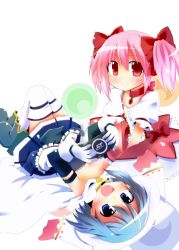 Rule 34 | 10s, 2girls, :d, armband, bed sheet, blue eyes, blue hair, bow, cameo, cape, gloves, hair bow, handheld game console, highres, kaname madoka, looking at viewer, lying, magical girl, mahou shoujo madoka magica, mahou shoujo madoka magica (anime), miki sayaka, multiple girls, on back, open mouth, pillow, pink eyes, pink hair, playstation portable, short hair, short twintails, sitting, smile, thighhighs, twintails, white background, yuuhi alpha, zettai ryouiki