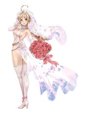 Rule 34 | 1girl, absurdres, ass, bouquet, braid, breasts, brown eyes, dress, elbow gloves, flower, full body, gloves, high heels, highres, holding, holding bouquet, leotard, light brown hair, long hair, looking at viewer, official art, open mouth, pumps, rose, sacred sword princesses, sideboob, single braid, solo, thighhighs, transparent background, twisted torso, veil, wedding dress, white footwear, white gloves, white leotard, white thighhighs