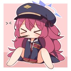 Rule 34 | &gt; &lt;, 1girl, armband, barefoot, between legs, black hat, black jacket, black shirt, blue archive, blush, chibi, closed eyes, collared shirt, emoticon, facing viewer, food, food in mouth, full body, hair between eyes, halo, hana kazari, hand between legs, hat, highres, iroha (blue archive), jacket, knees up, long hair, long sleeves, mouth hold, necktie, outline, peaked cap, pink background, pocky, red hair, red necktie, safety pin, shirt, sitting, sleeves past wrists, solo, spread legs, two-tone background, very long hair, white background, white outline