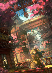 Rule 34 | 1girl, :d, architecture, banner, bespin, blush, bridge, brown hair, building, cherry blossoms, cloud, curtains, day, dress, dutch angle, east asian architecture, fantasy, frilled dress, frills, green eyes, hat, headgear, highres, lantern, long hair, long sleeves, looking up, open mouth, original, outdoors, paper lantern, petals, railing, sidelocks, sky, smile, solo, standing, tassel, tree, watermark, web address, wide sleeves