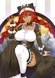 Rule 34 | 1girl, animal hat, apron, arm up, bad id, bad pixiv id, bed, black dress, black gloves, cat hat, collar, dress, gloves, hat, highres, long hair, looking at viewer, lupusregina beta, maid, maid apron, overlord (maruyama), red hair, shirt, sitting, smile, tagme, thighhighs, tongue, very long hair, white shirt, white thighhighs, yellow eyes